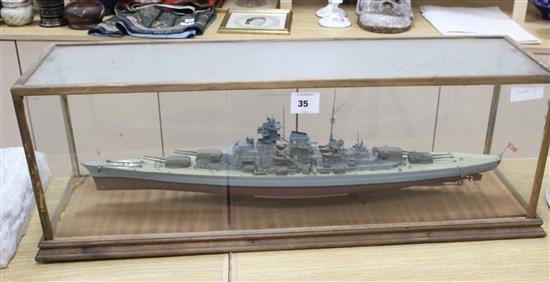 A cased model of a World War II German naval ship, H.28cm, W.78cm, D.21cm